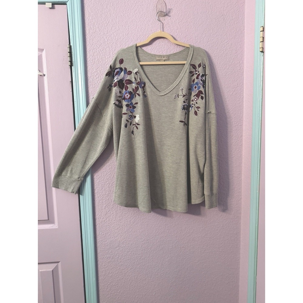 Woman Within Waffle Knit Size 2X Floral Embroidered Thermal Oversize Sweater Top